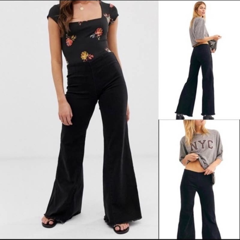 Free People Drapey A -Line Pull On Jeans Washed Faded Vintage Black Flare 24